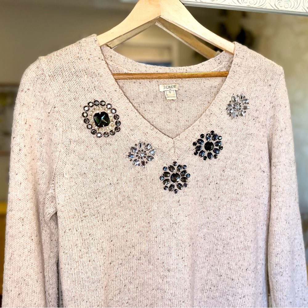 J. Crew Wool Jeweled V-neck Sweater - Tan/Oatmeal Color - Neutral - S